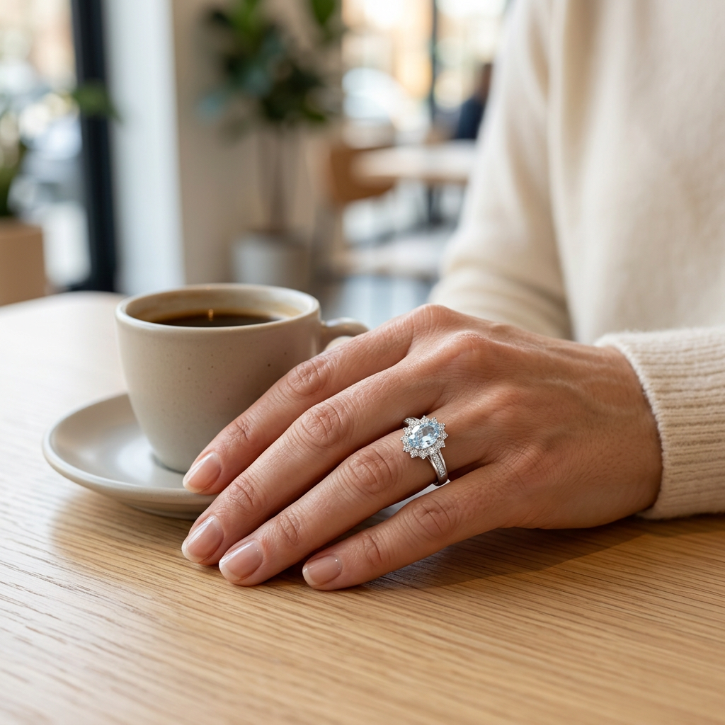 Anello in argento 925 con pietra ovale azzurra indossato su una mano accanto a una tazza di caffè.