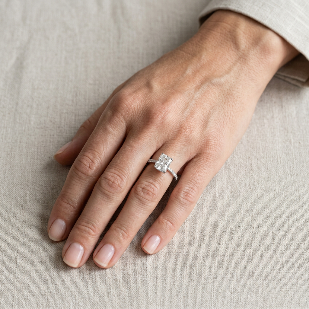 Anello in argento 925 con pietra rettangolare trasparente indossato all’anulare, con la mano appoggiata su tessuto chiaro.