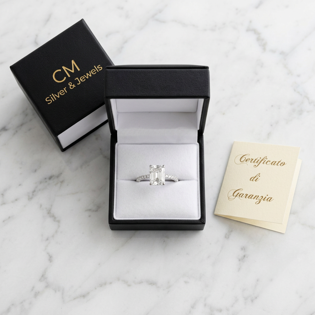 Anello in argento 925 con pietra rettangolare nel cofanetto nero CM Silver & Jewels con interno bianco e certificato di garanzia.