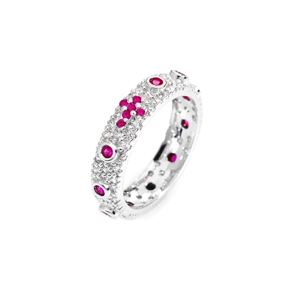 Anello rosario in argento 925 con croce di zirconi fucsia e pavé di zirconi bianchi