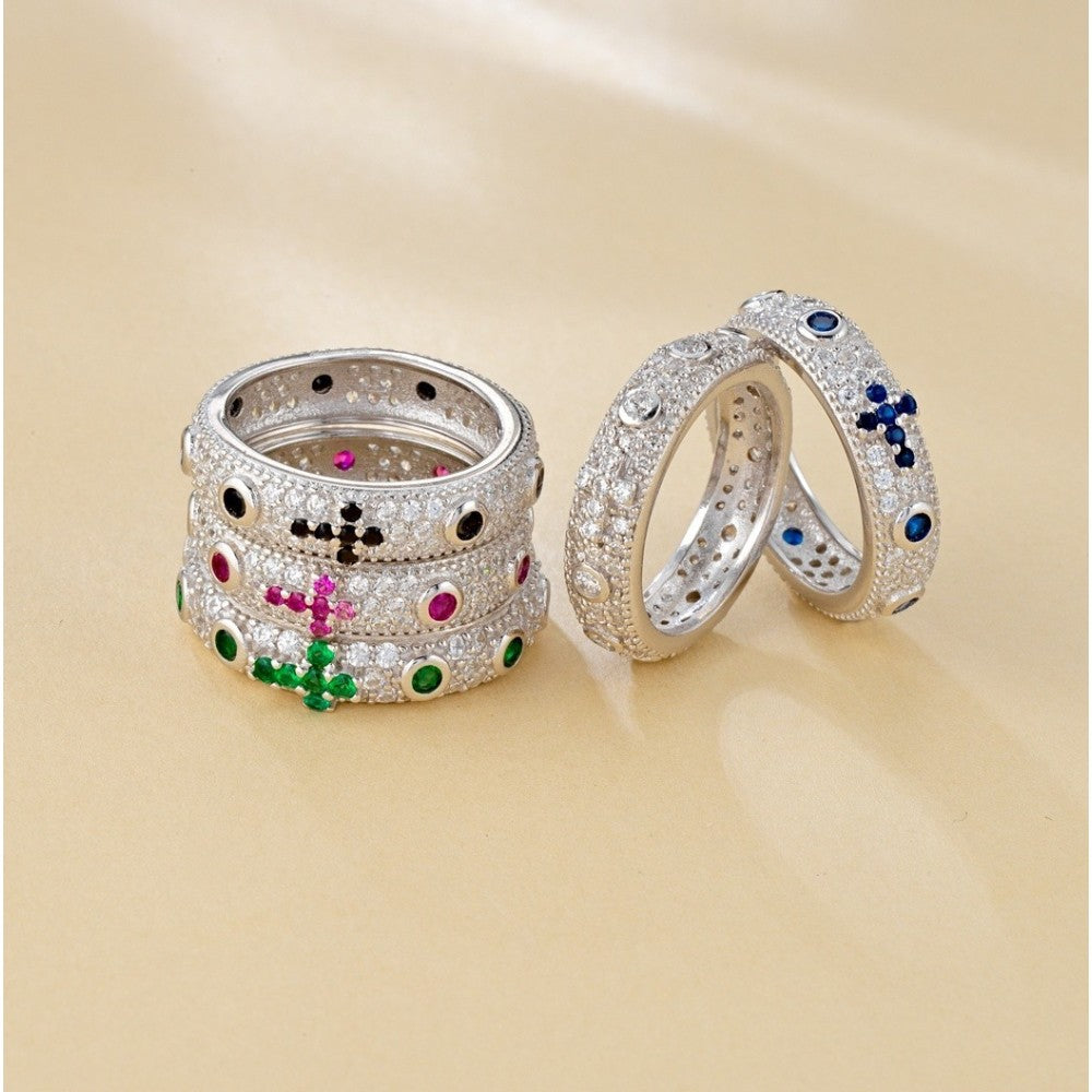 Anelli rosario in argento 925 con croci di zirconi colorati, sovrapposti in diverse colorazioni