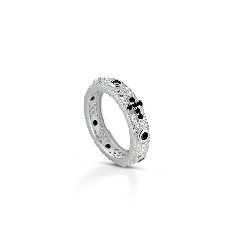 Anello rosario in argento 925 con croce di zirconi neri e pavé di zirconi bianchi