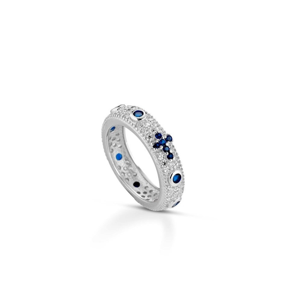 Anello rosario in argento 925 con croce di zirconi blu navy e pavé di zirconi bianchi