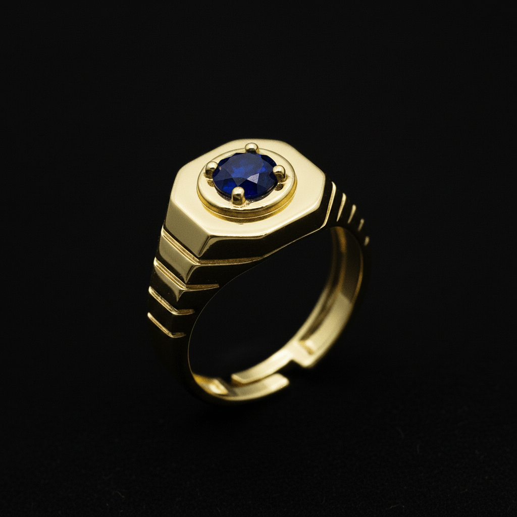 Bague Homme en Argent 925 Plaqué Or avec Pierre Blanche, Noire ou Bleu Marine – Artisanale | CM Silver Jewels