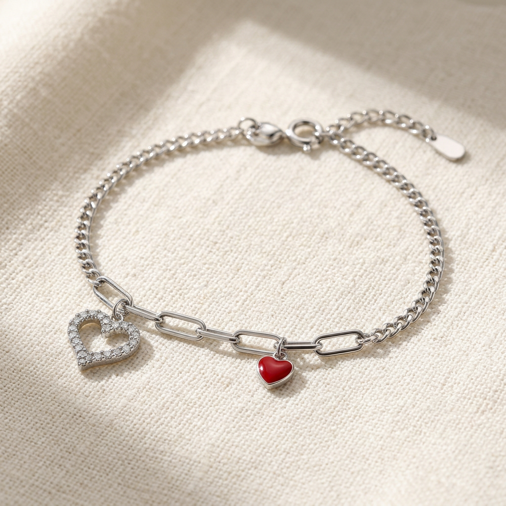 Angolazione alternativa del bracciale con due cuori e catena a maglie