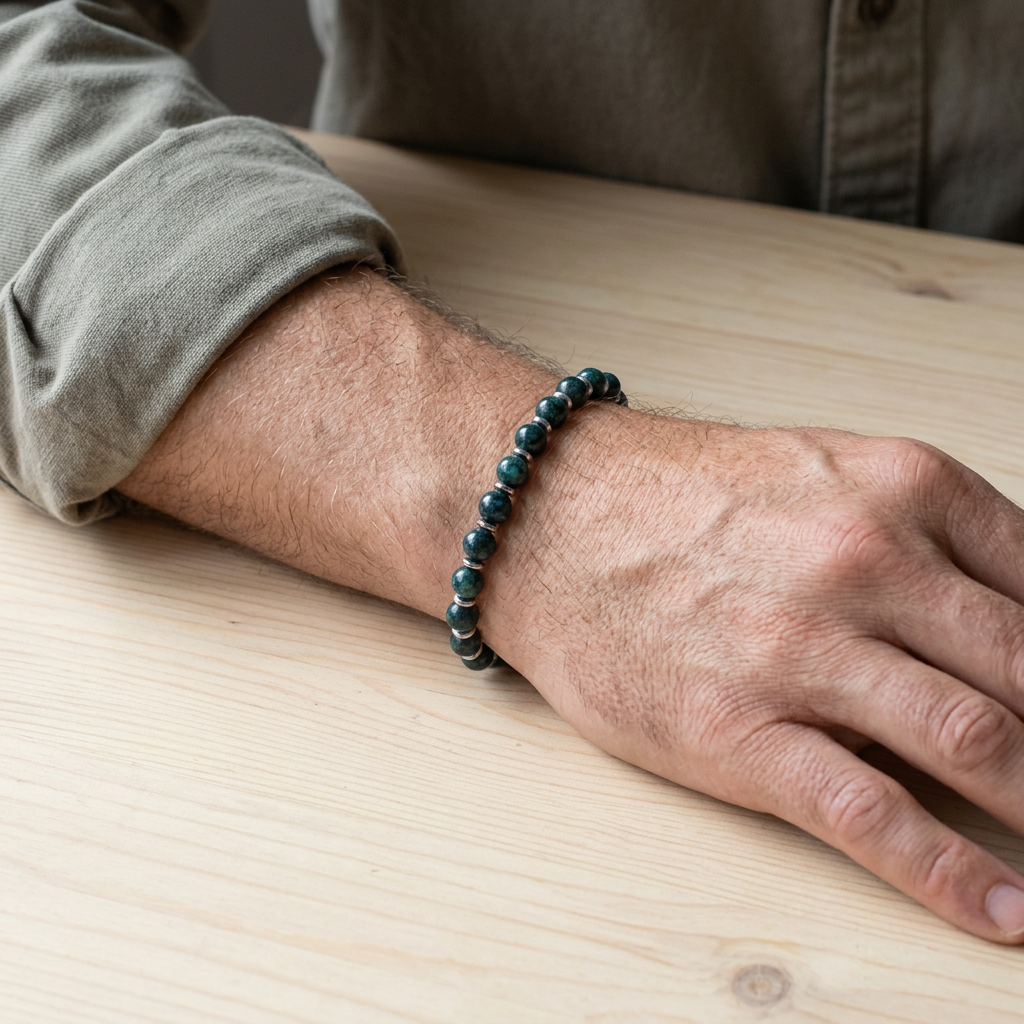 Bracciale blu petrolio indossato su polso maschile