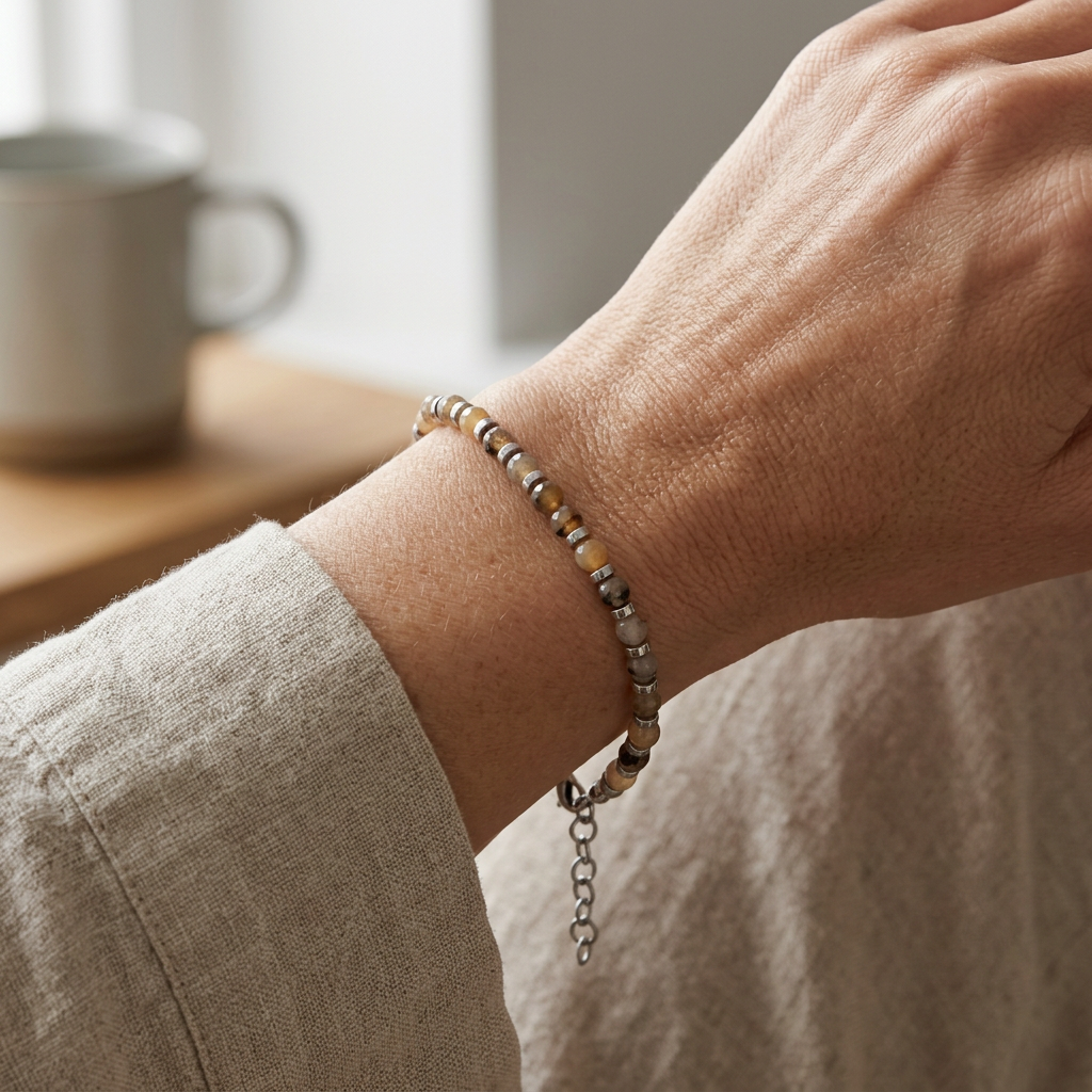 Bracciale in acciaio e agata naturale sfaccettata indossato al polso