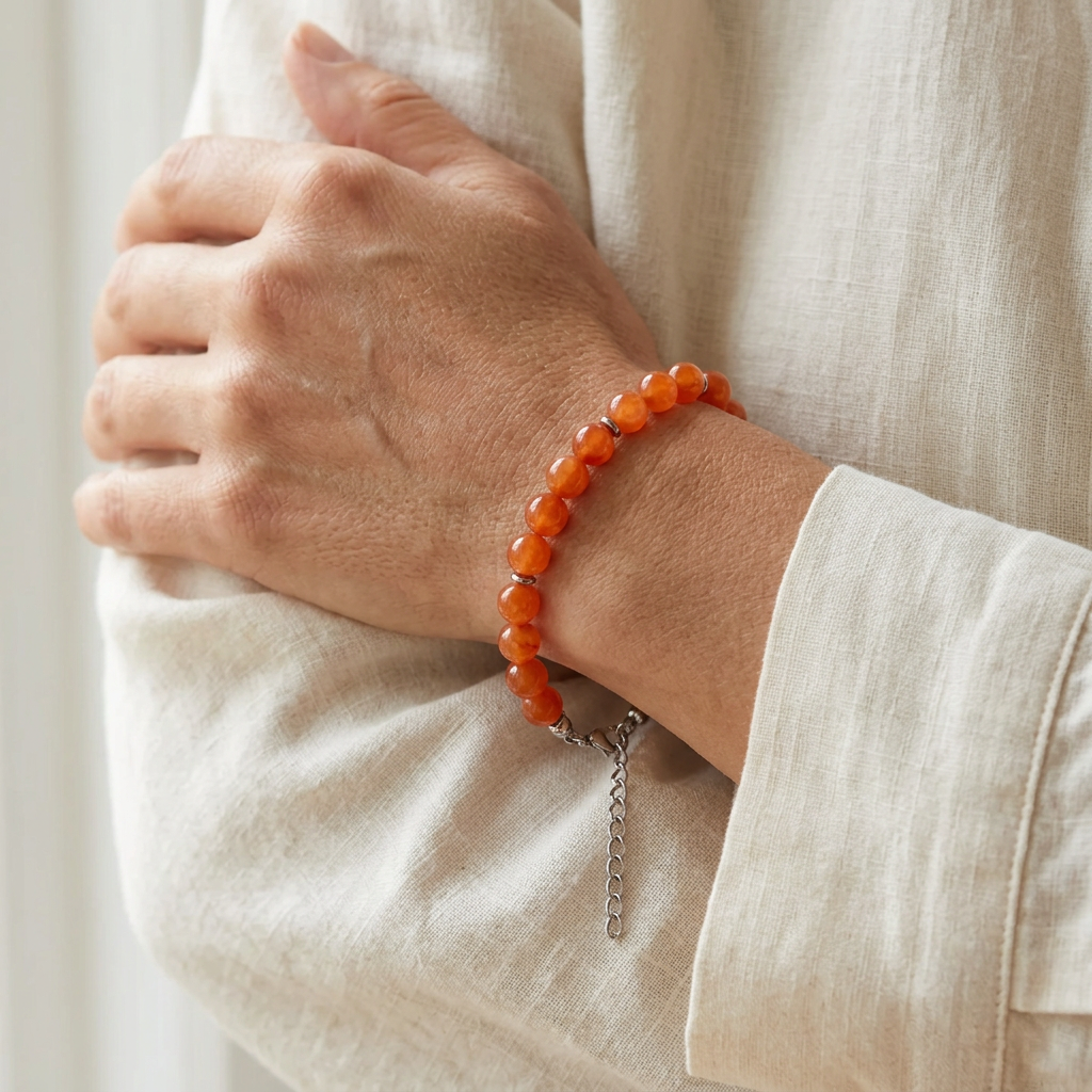 Bracciale in acciaio e corniola indossato su polso femminile