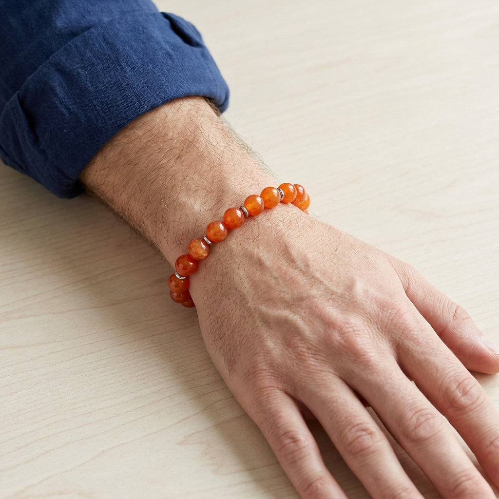Bracciale in acciaio e corniola indossato su polso maschile