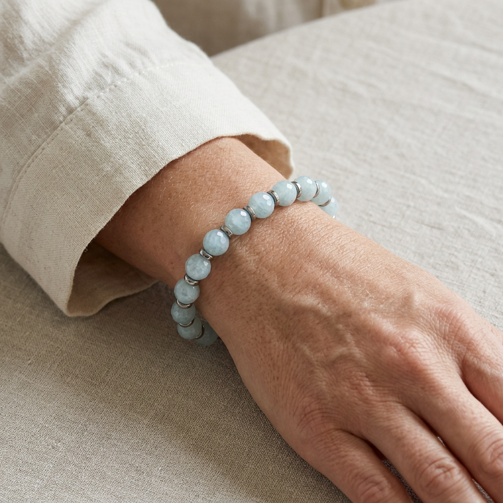 Bracciale in acquamarina lattiginosa indossato su donna