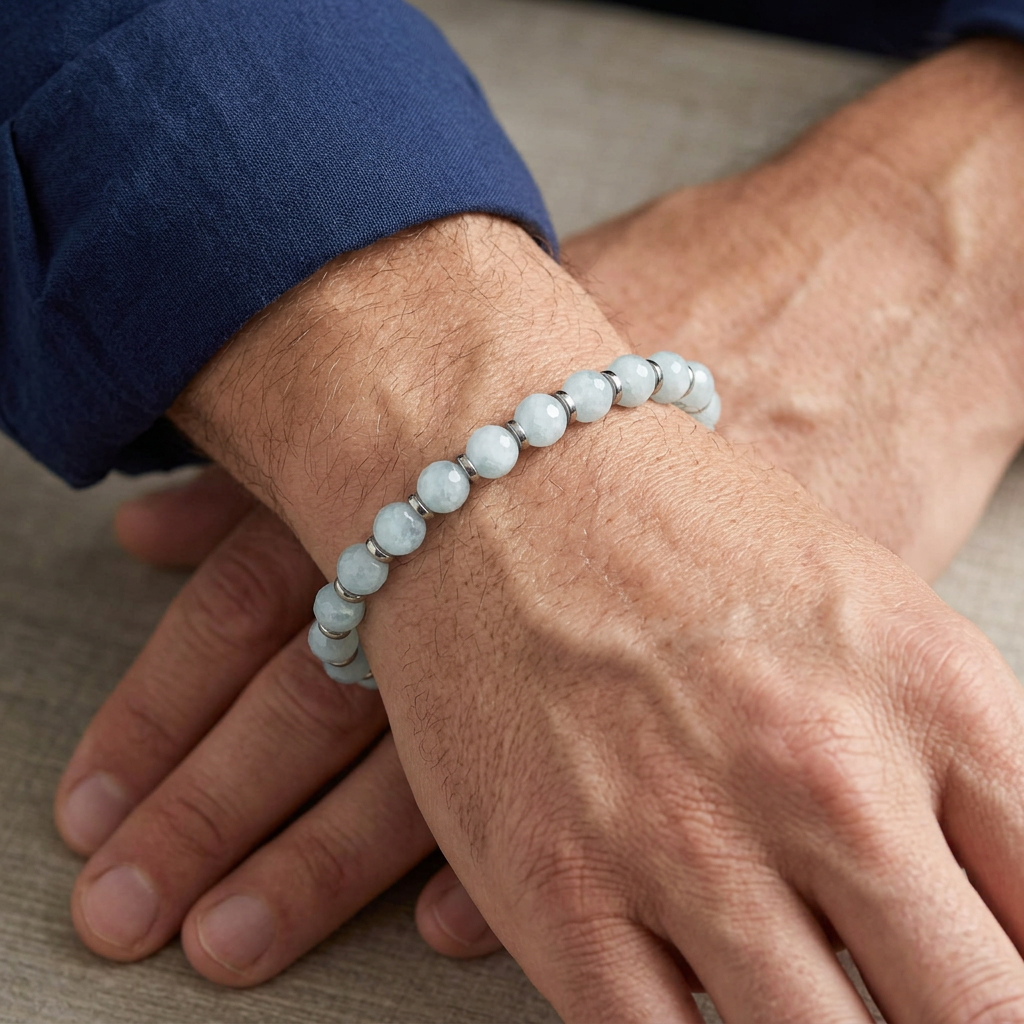 Bracciale in acquamarina lattiginosa indossato su uomo