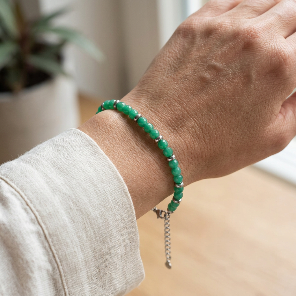 Bracciale in agata verde indossato su donna