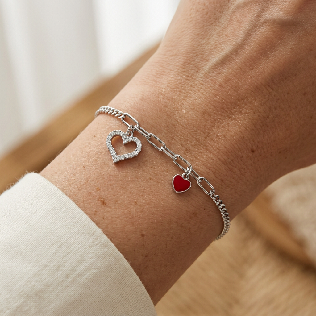 Bracciale in argento 925 con cuore aperto e cuore smaltato rosso indossato