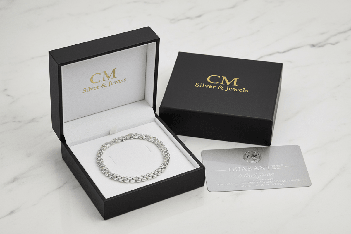 Bracciale argento 925 maglia bismark in cofanetto CM Silver Jewels con certificato – confezione regalo su marmo