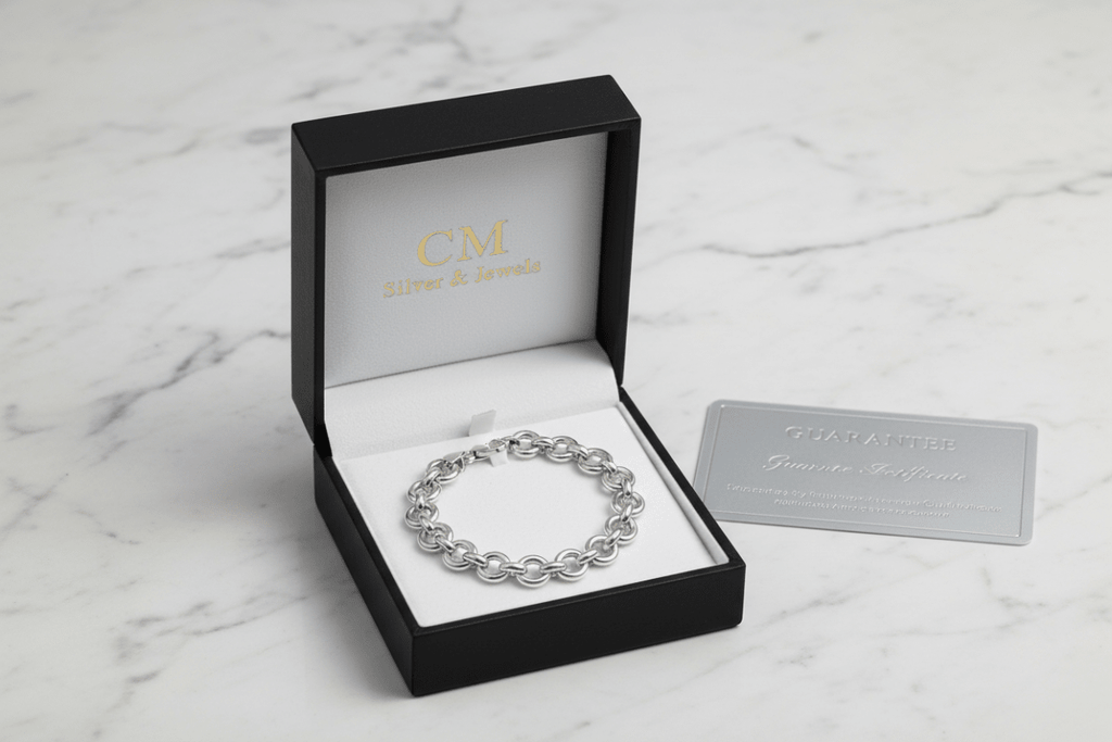 Bracciale argento 925 maglia rolo in cofanetto CM Silver Jewels con certificato – confezione regalo su marmo