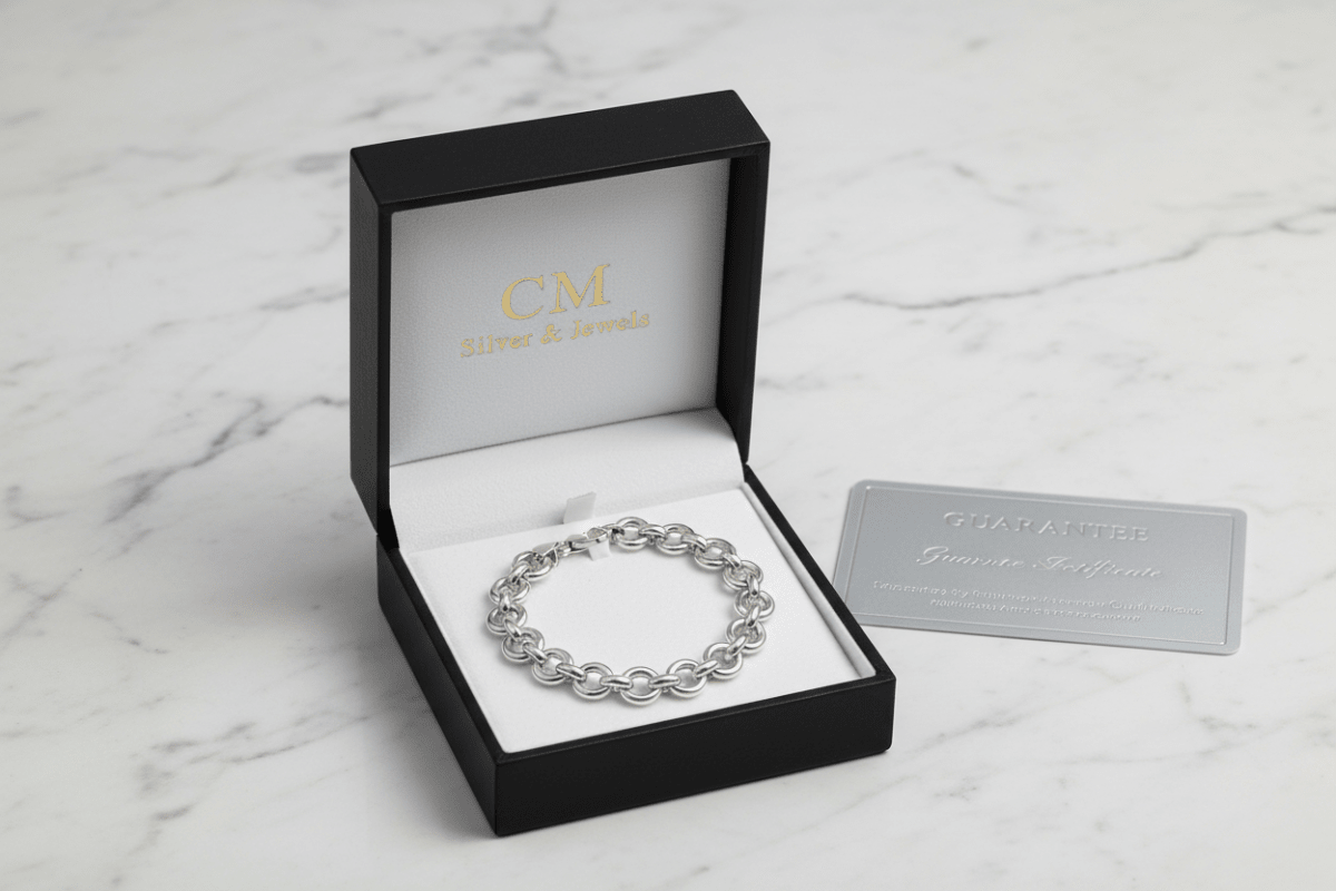 Bracciale argento 925 maglia rolo in cofanetto CM Silver Jewels con certificato – confezione regalo su marmo