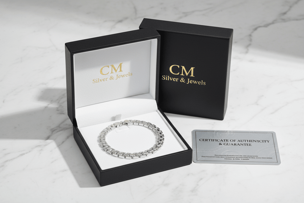 Bracciale argento 925 maglia scatolata in cofanetto CM Silver Jewels con certificato – confezione regalo su marmo