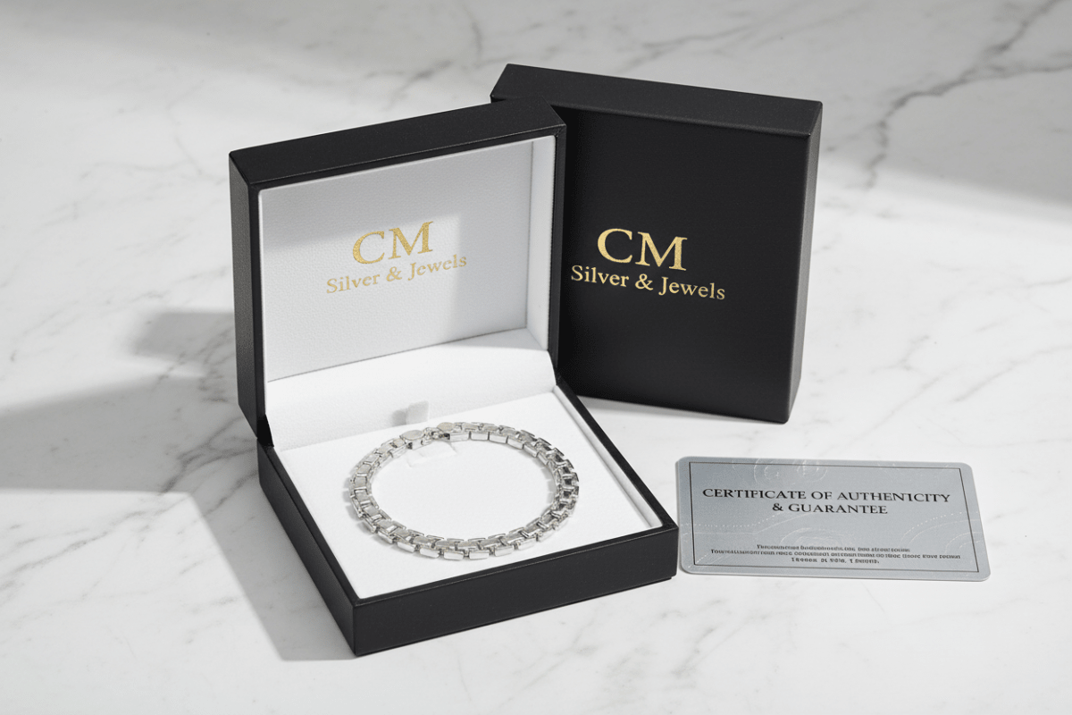 Bracciale argento 925 maglia scatolata in cofanetto CM Silver Jewels con certificato – confezione regalo su marmo