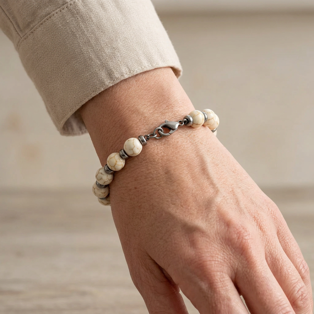 Bracciale in Howlite Bianca indossato su polso femminile
