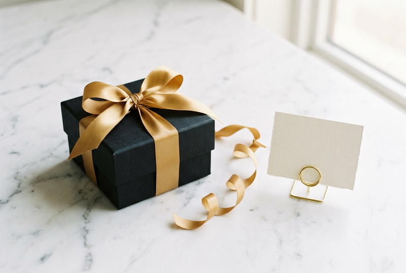Cofanetto nero con grande fiocco oro e carta avorio su marmo
