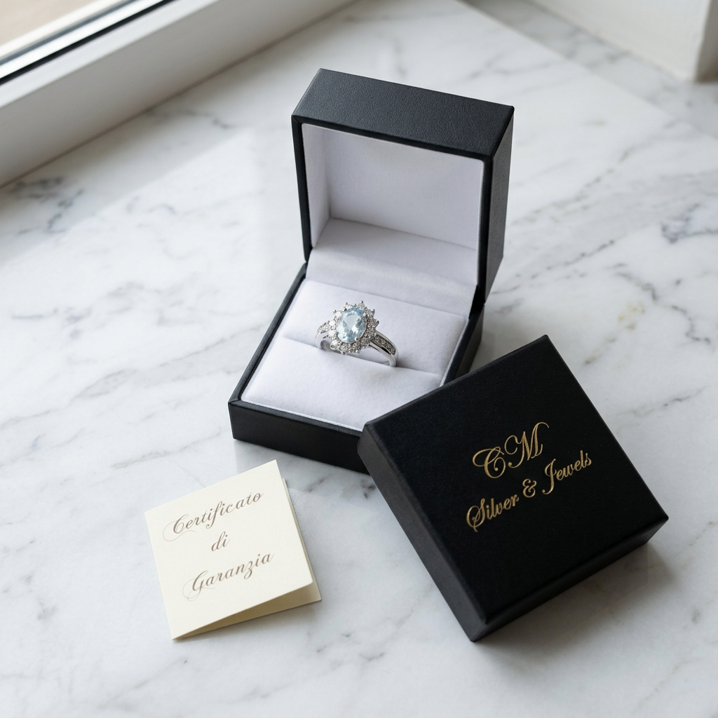 Anello con pietra azzurra nel cofanetto nero CM Silver & Jewels con interno bianco, accanto al certificato di garanzia.