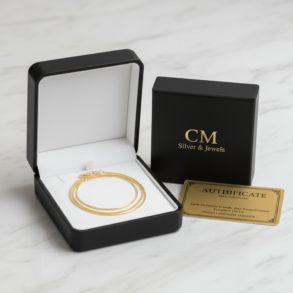 Collana a maglie popcorn oro giallo 18 carati nel cofanetto regalo nero CM Silver & Jewels con certificato su piano in marmo – CM Silver Jewels