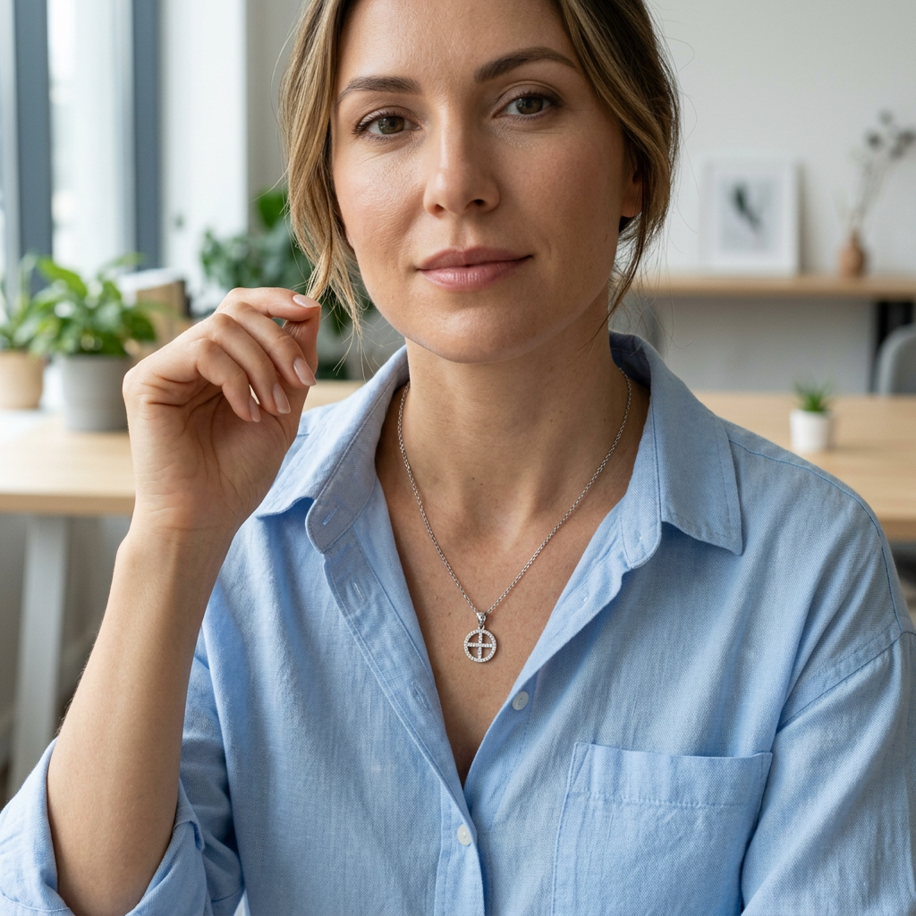 Collana con ciondolo circolare indossata, scatto lifestyle