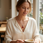 Collana con perla rossa indossata, scatto lifestyle