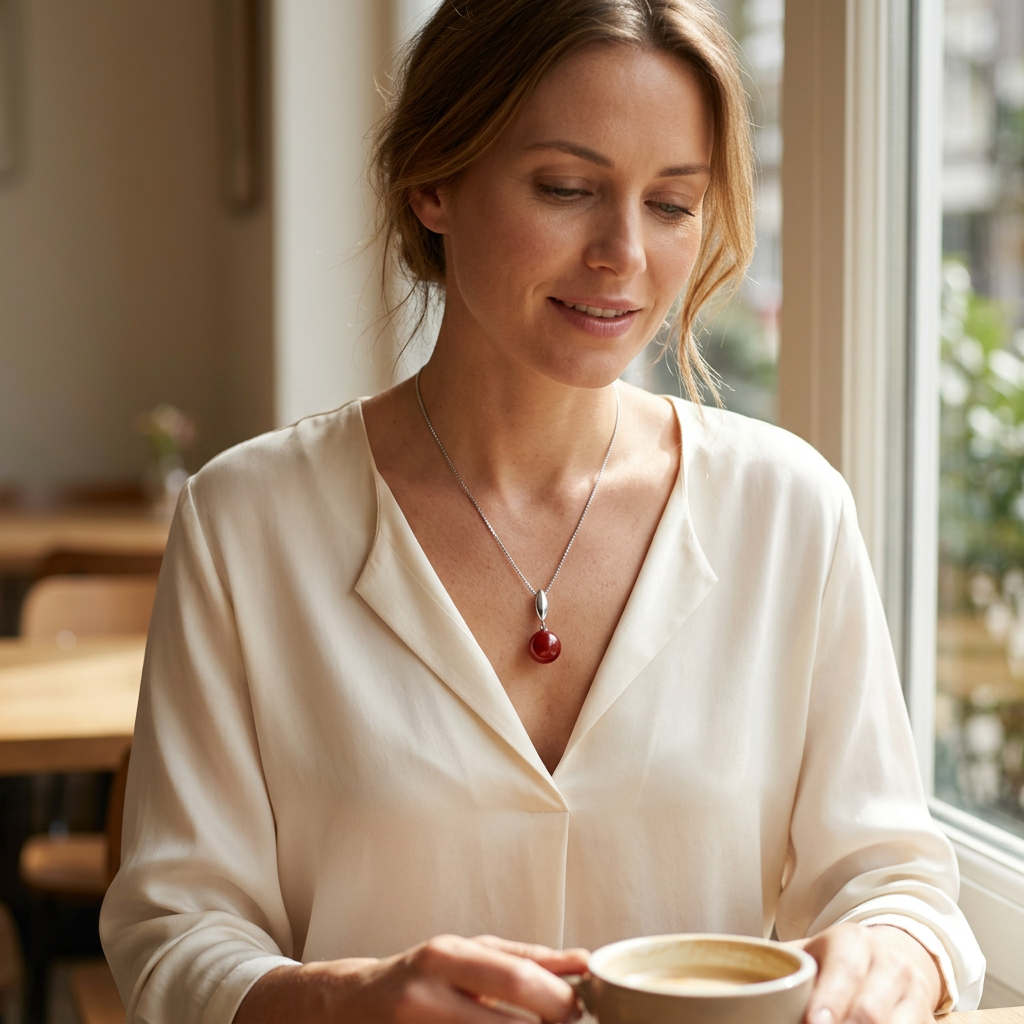 Collana con perla rossa indossata, scatto lifestyle