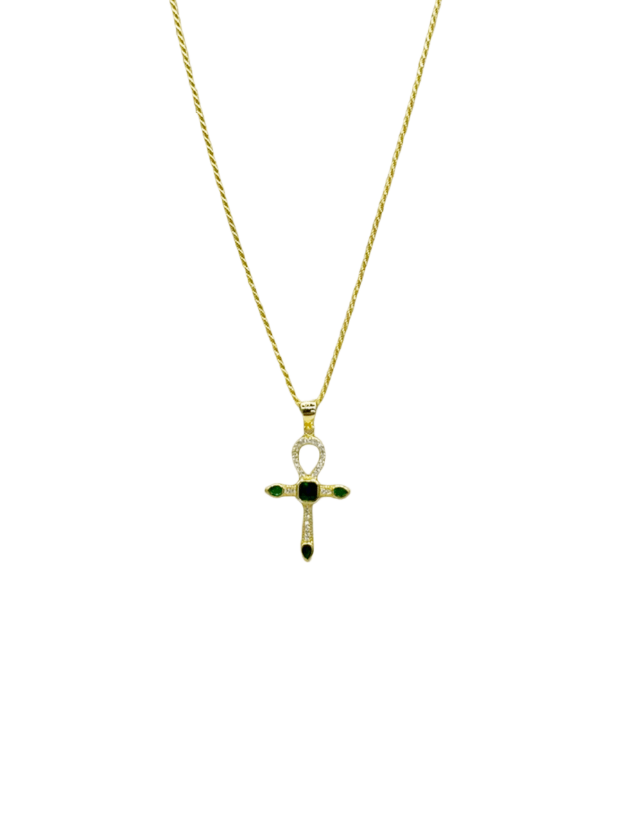 collana in argento 925 con croce e zirconi verdi