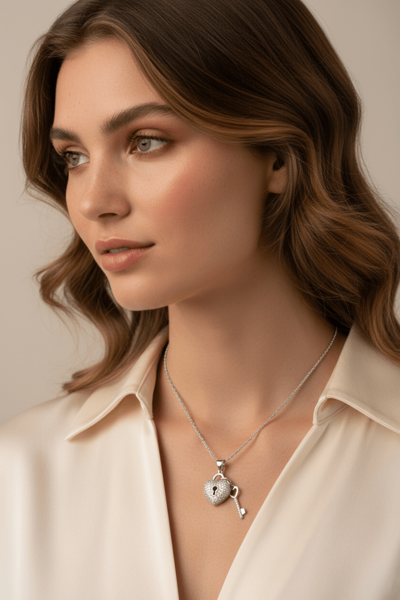 Collana in Argento 925 Cuore e Chiave indossata su modella – Lifestyle 2026 stile romantico | CM Silver Jewels