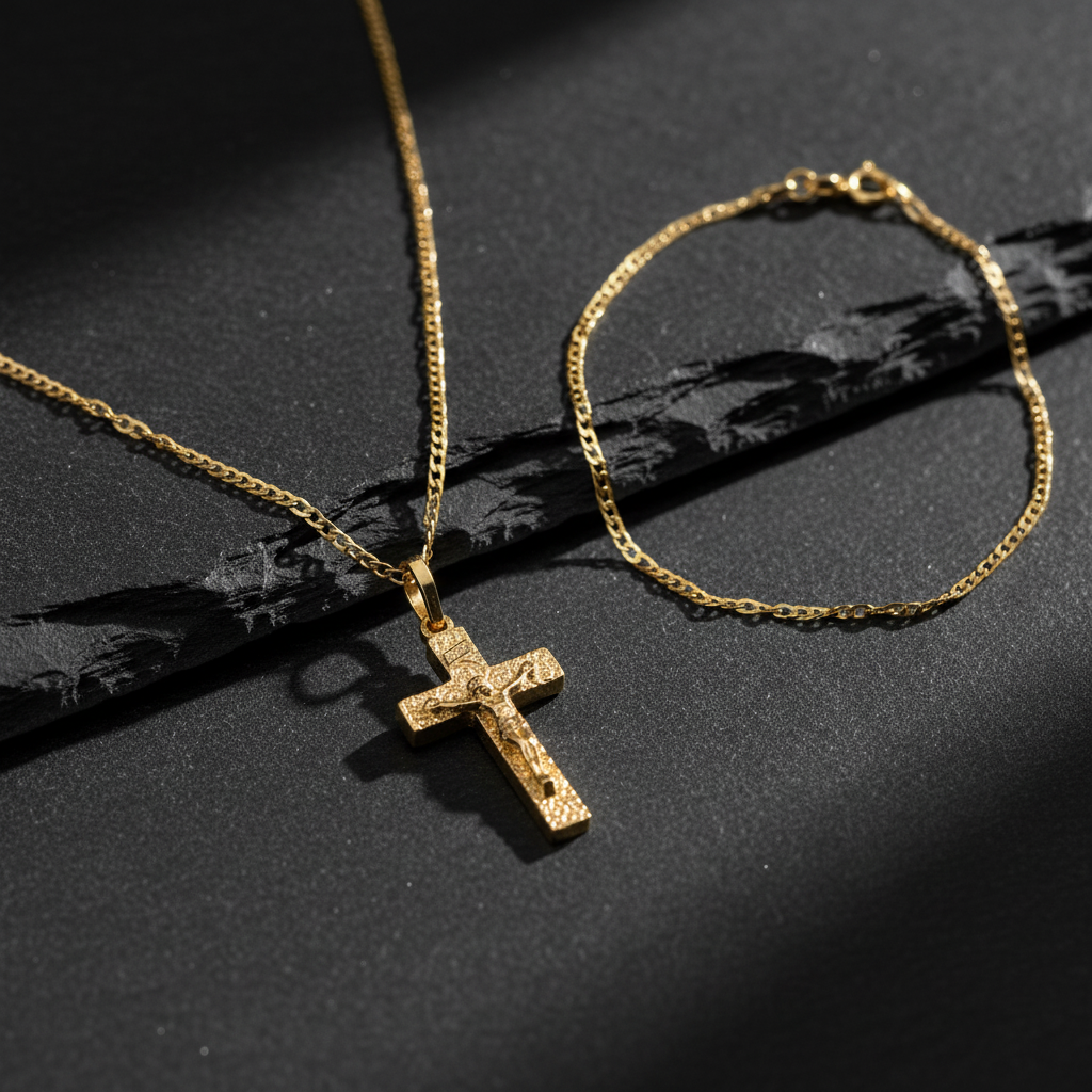 Detail Shot – Macro croce crocifisso oro e bracciale figaro