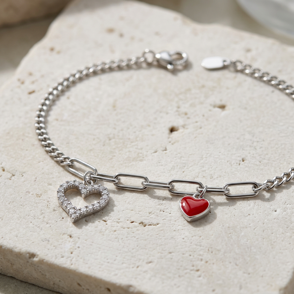 Dettaglio del cuore luminoso e del cuore smaltato rosso