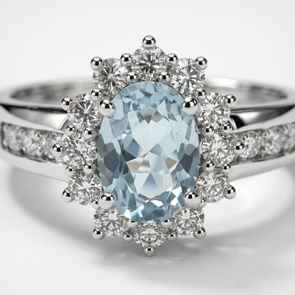 Dettaglio ravvicinato della pietra ovale azzurra, delle griffe e del contorno luminoso dell'anello in argento 925.