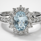 Dettaglio ravvicinato della pietra ovale azzurra, delle griffe e del contorno luminoso dell'anello in argento 925.