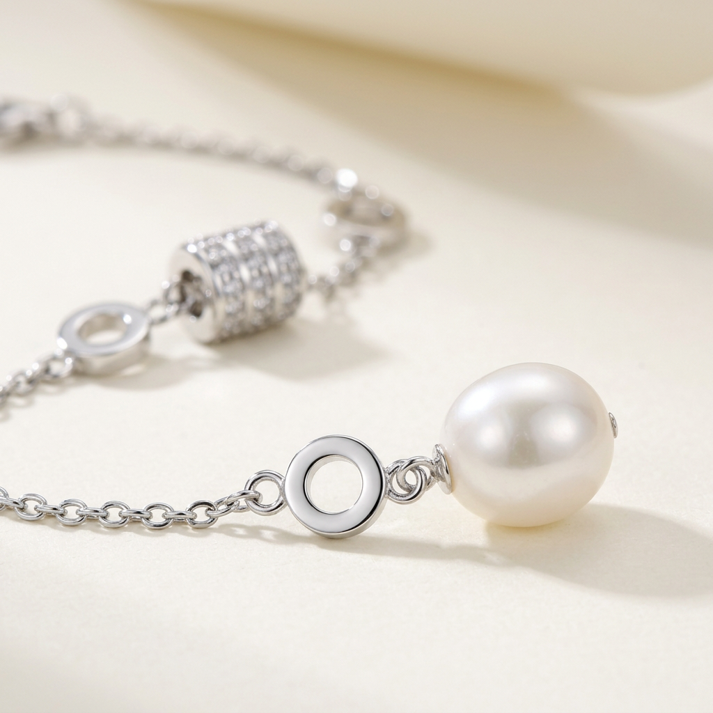 Dettaglio macro della perla e del bracciale