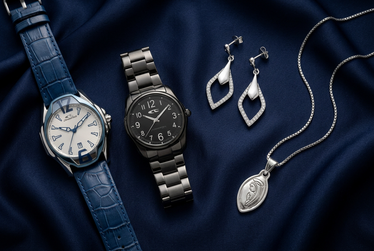 Flat lay con orologi e gioielli reali della collezione Ultimi Pezzi