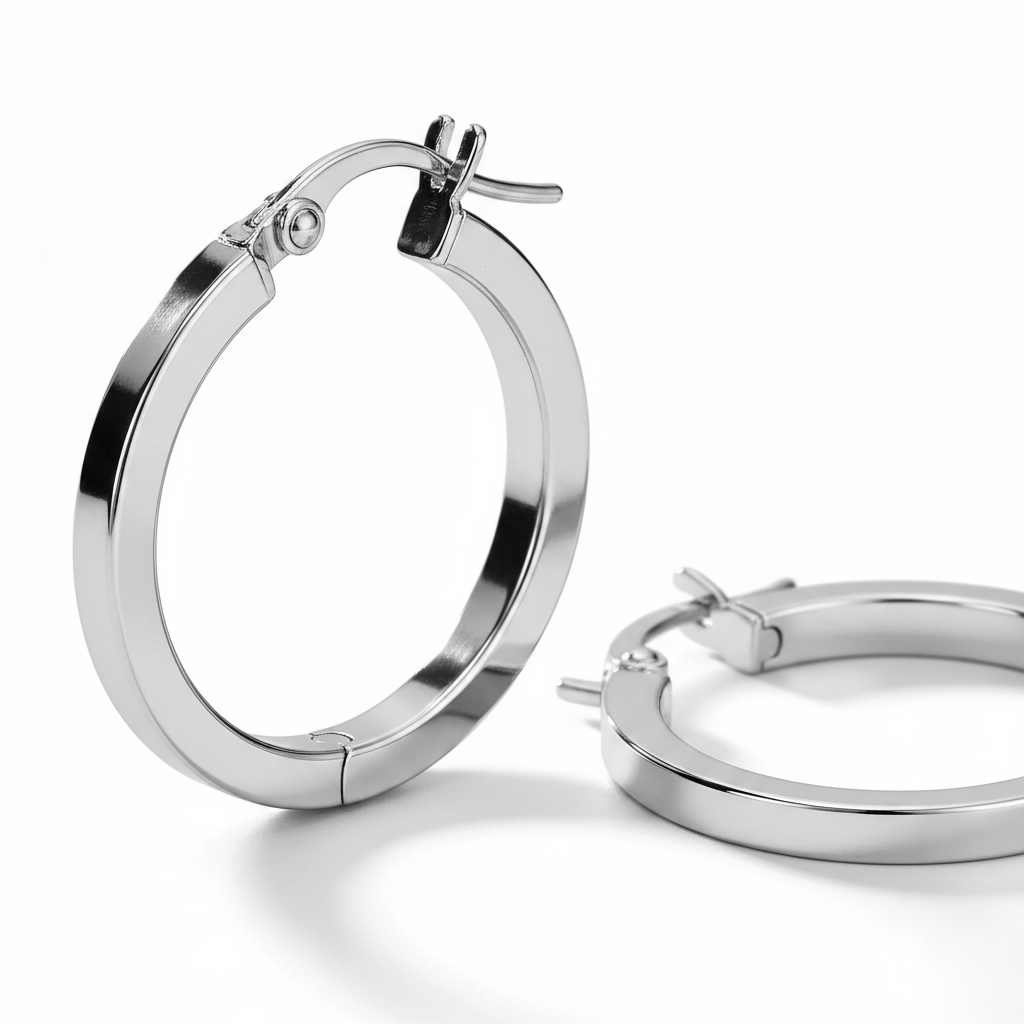 Dettaglio macro orecchino cerchio oro bianco 18k, finitura lucida e chiusura a scatto – CM Silver Jewels