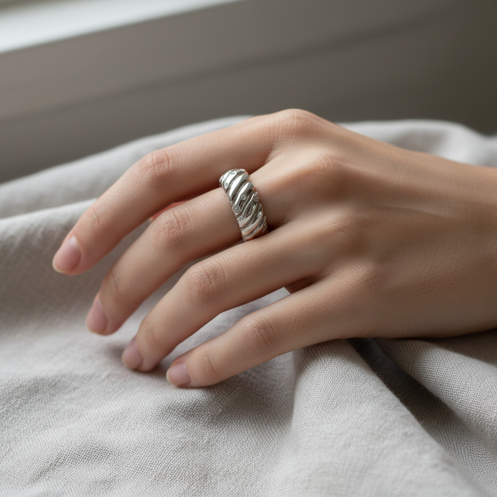 Anello donna argento 925 indossato su tessuto lino – CM Silver Jewels