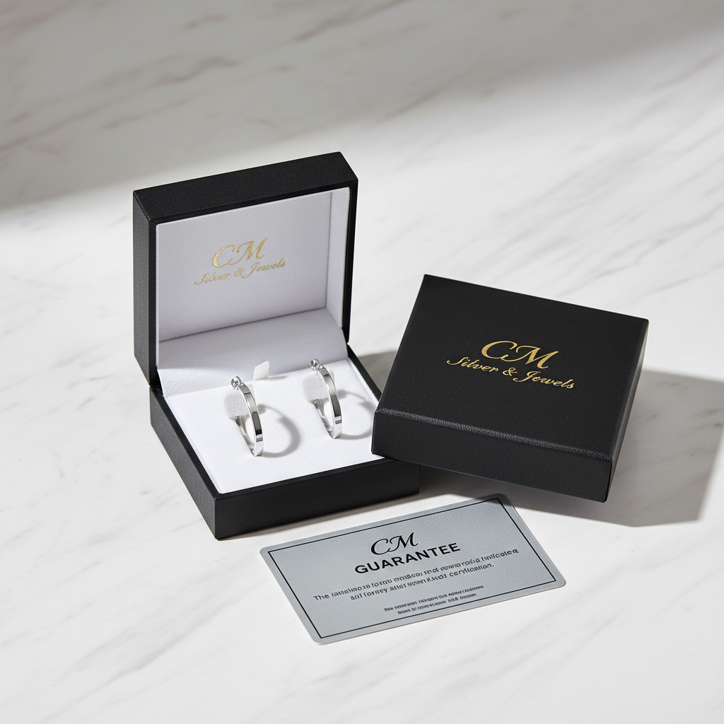 Orecchini cerchio oro bianco 18k nel cofanetto regalo CM Silver & Jewels con certificato, su piano in marmo – CM Silver Jewels