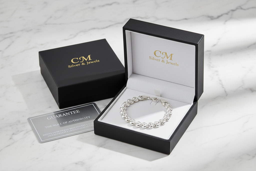 Bracciale argento 925 maglia cuore in cofanetto CM Silver Jewels con certificato – confezione regalo su marmo