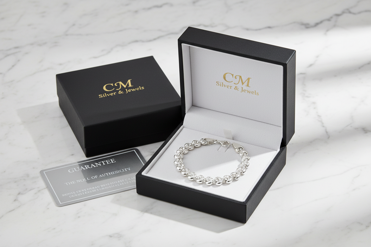 Bracciale argento 925 maglia cuore in cofanetto CM Silver Jewels con certificato – confezione regalo su marmo