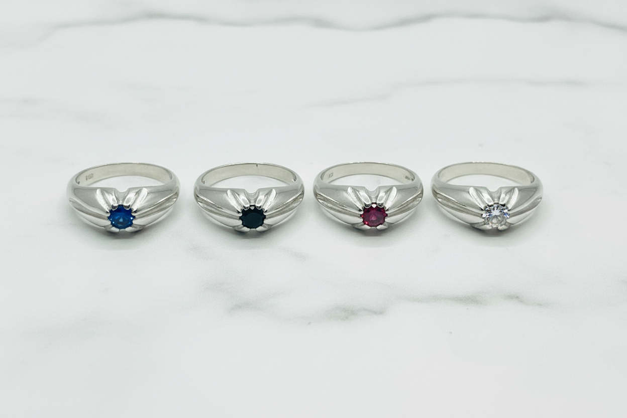 Sterling Silver Solitaire Ring – Nickel Free | Blue, Black, Red, or White Stone | Adjustable Size