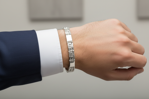 Bracciale in argento 925 maglia greca meandro indossato su polso maschile – CM Silver Jewels