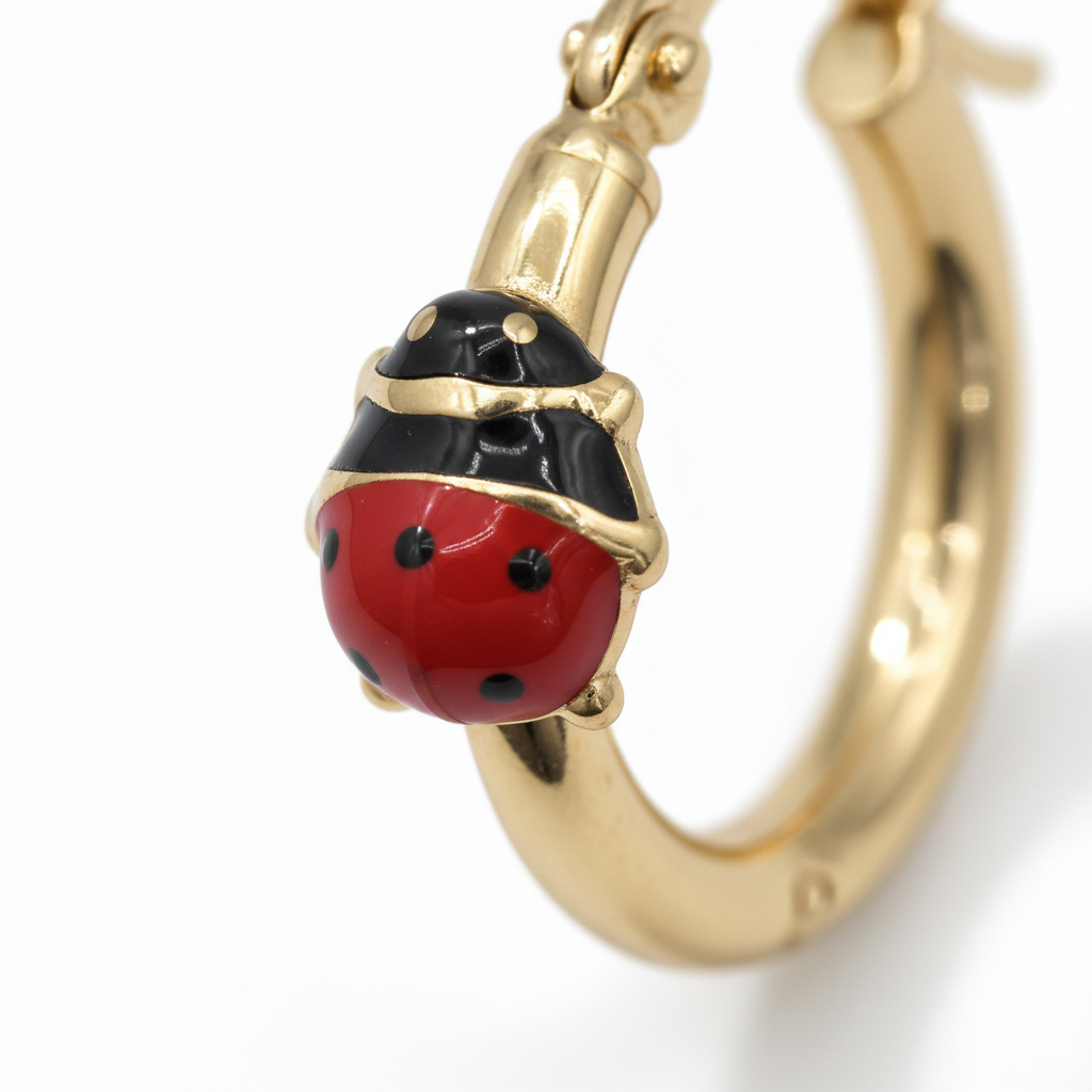 Dettaglio macro coccinella smaltata rossa e nera su orecchino cerchio oro 18k, lavorazione artigianale – CM Silver Jewels