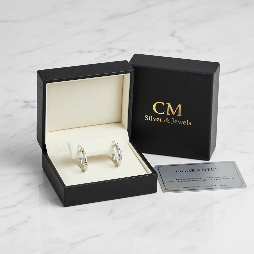 Orecchini cerchio diamantati oro bianco 18k nel cofanetto regalo CM Silver & Jewels con certificato, su piano in marmo – CM Silver Jewels