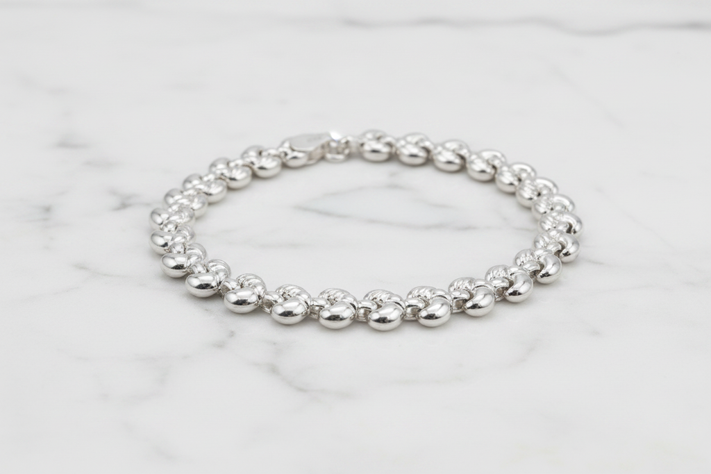 Bracciale argento 925 maglia cuore – dettaglio chiusura moschettone e spessore 7mm – CM Silver Jewels