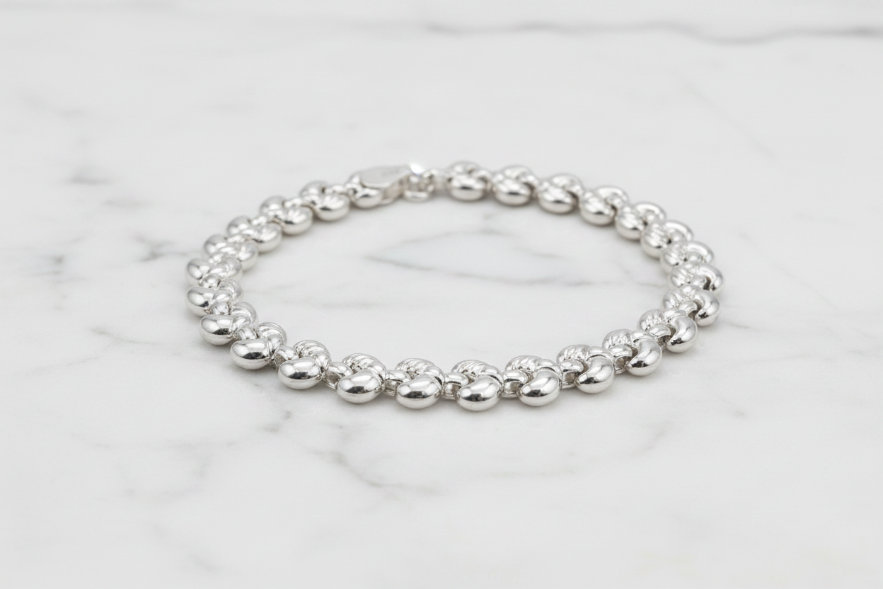 Bracciale argento 925 maglia cuore – dettaglio chiusura moschettone e spessore 7mm – CM Silver Jewels