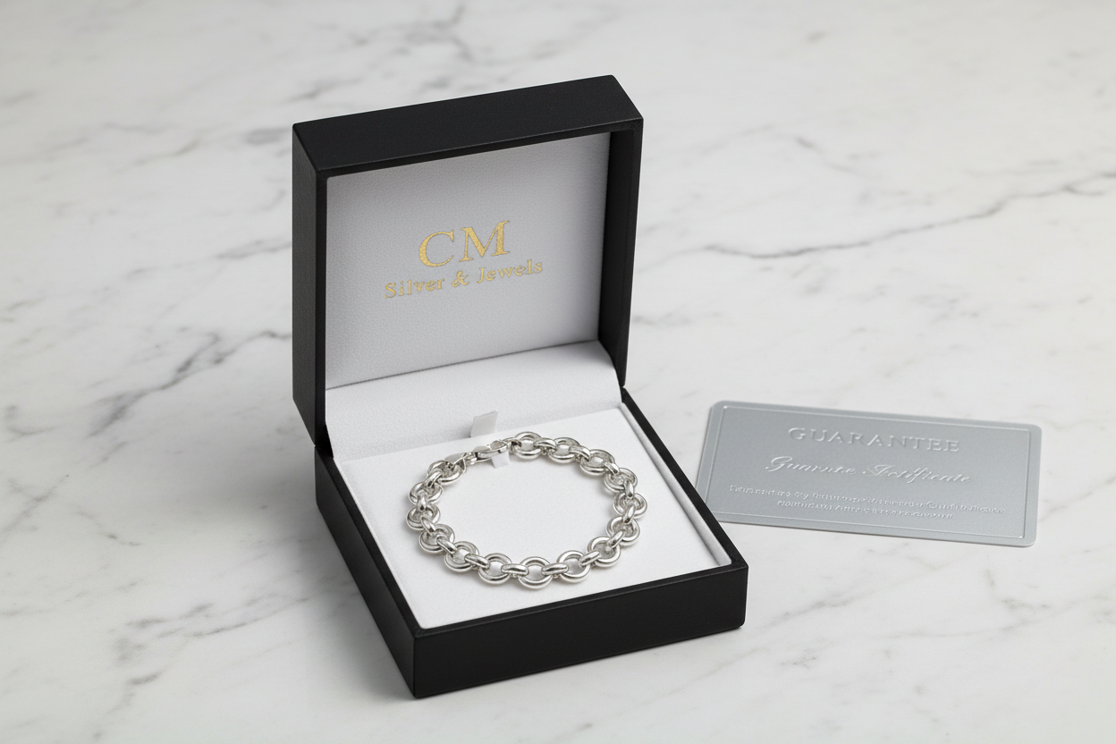 Bracciale argento 925 maglia rolo in cofanetto CM Silver Jewels con certificato – confezione regalo su marmo