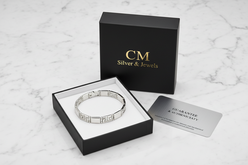 Bracciale argento 925 maglia greca meandro in cofanetto CM Silver Jewels con certificato – confezione regalo su marmo